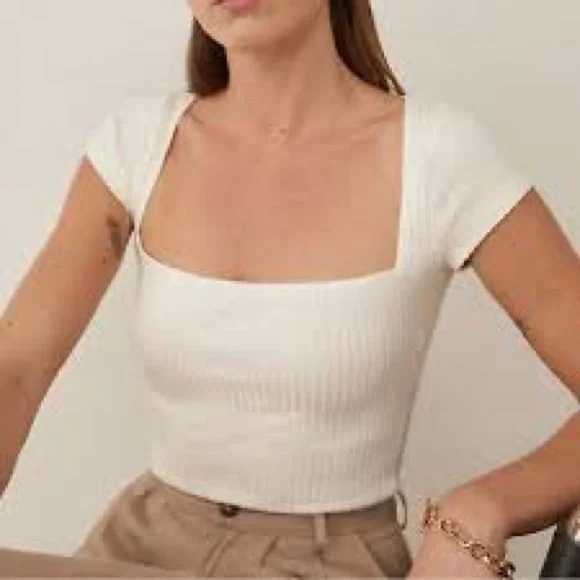Reformation Bardot Cream Ribbed Short Sleeve Tee - Picture 3 of 8